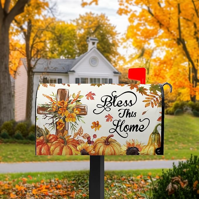 Bless This Home Mailbox Covers Magnetic Thanksgiving Pumpkin Mail Box Cover Fall Autumn Mailbox Wraps Magnetic Standard Size 21x18 inch for Outside Garden Yard