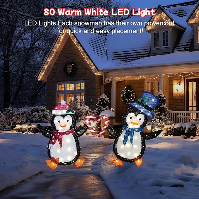 Christmas Decorations Penguin Heart String Lights 40L+40L - 30" 32" H Outdoor Fairy Lights with Transformer, 2M Plug-in Cord, Warm White - for Garden, Yard, Patio,