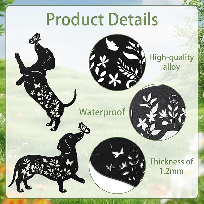 Dachshund Decorative Garden Stakes, 2 Pcs Dachshund Gifts for Women Men Metal Garden Stakes, Dog Butterfly Floral Silhouette Outdoor Yard Art Lawn Decor
