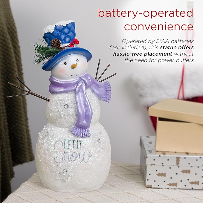 Alpine Corporation 14”H Lavender Winter "Let It Snow" Snowman Statue with Fading LED Lights, Christmas Decor