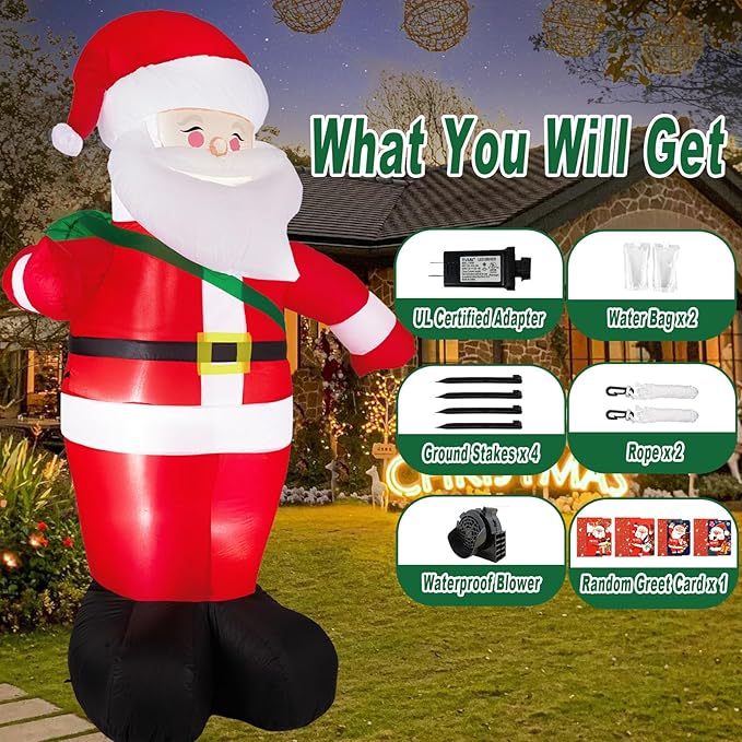 8 FT Christmas Inflatables Santa Claus Outdoor Decorations, Blow Up Yard Decorations Weatherproof Standing Smiling Santa Claus with Gift Bags, Built-in LEDs for Holiday Xmas Garden Lawn Decor