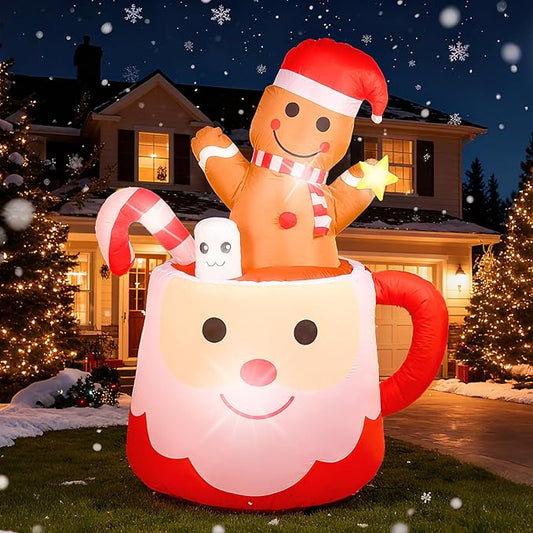 6FT Gingerbread Christmas Inflatables Decorations Outdoor，Blow Up Christmas Decoration Gingerbread Man Mug with Built-in LEDs Lights for Indoor Holiday Party Yard Garden Lawn Décor