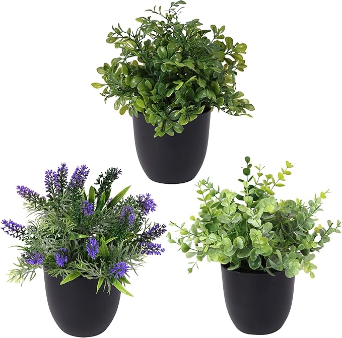 3 PACK 10" H Artificial Plant Greenery Pot (9" W Potted Greenery: Fake Faux Lavender Eucalyptus Boxwood) for Home Decoration Shop Decor Office Desk Dining Table Kitchen Washroom Garden Party Wedding