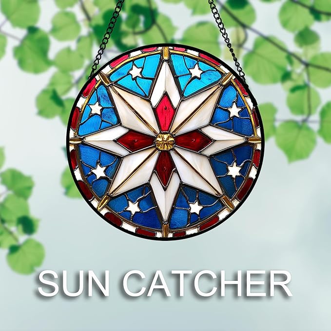 Stained Glass Window Hanging 4 Pcs Set Abstract Flowers In Red White Blue Large 11.8" - Suncatcher Door Garden Sun Catcher Decor Birthday Mother's Day Xmas Gift for Mom Woman Nana Men Parents