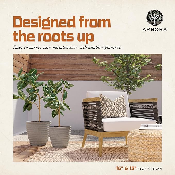 ARBORA 13" Ibiza Polyresin Indoor and Outdoor Planter with Stone Blend Concrete Gray Finish - Durable, Weatherproof, Lightweight, Large Plant Pot for Patio, Garden, Deck, Entryway - 2 Pack