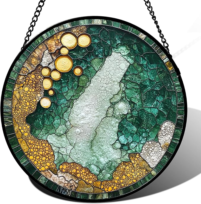 Stained Glass Window Hanging - Abstract Suncatcher for Doors Garden Patio Yellow Green Sun Catchers Decor Christmas Mother's Day Birthday Gifts for Boy Women Men Mom Nana Friend 6.3 in