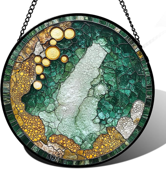 Stained Glass Window Hanging - Abstract Suncatcher for Doors Garden Patio Yellow Green Sun Catchers Decor Christmas Mother's Day Birthday Gifts for Boy Women Men Mom Nana Friend 7.8 in