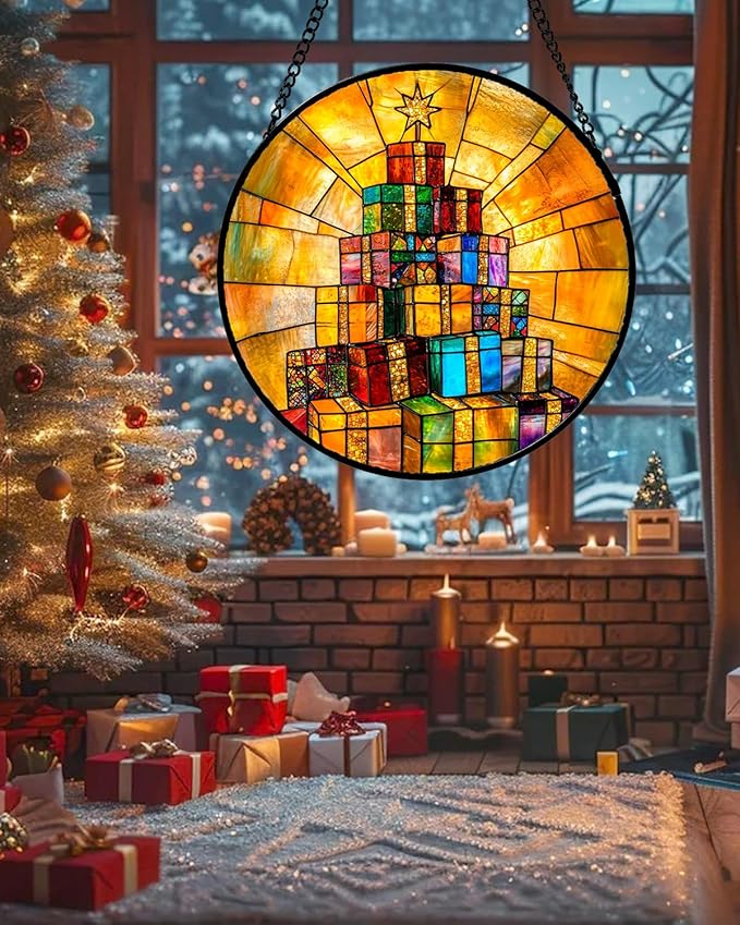 Stained Glass Window Hanging - Colorful Gift Box Tower Suncatcher for Doors Home Christmas Decoration Winter Sun Catcher Thanksgiving New Year Birthday Gift for Friend Women Men Mom Nana 6.3 in