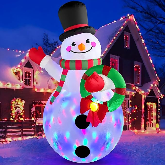 Danxilu 6 FT Christmas Inflatables Snowman Outdoor Decorations with Colorful Rotating LED Lights, Blow up Snow Man Wear Magic Hat with Wreath Xmas Decor for Yard Garden Lawn Porch Holiday Party