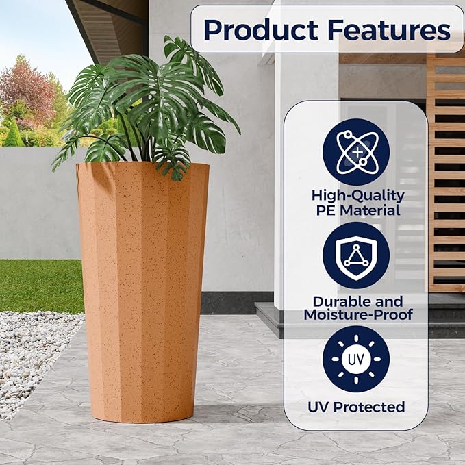23.6" Tall Planters for Outdoor Plants, Rust Large Outdoor Planters for Porch Decor with Drainage Hole, Wide Stripe Flower Pots Fits Indoor Plants Patio/Garden, Plastic Terracotta (2 Pack)