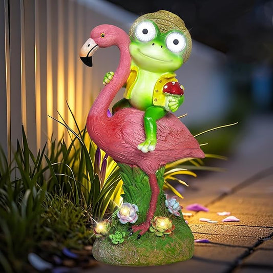 Solar Garden Decor Statue, Waterproof Flamingo Frog Outdoor Figurine with Lights, Cute Christmas Birthday Housewarming Gift for Women, Mom, Grandma, Art Decor for Yard Lawn Ornament