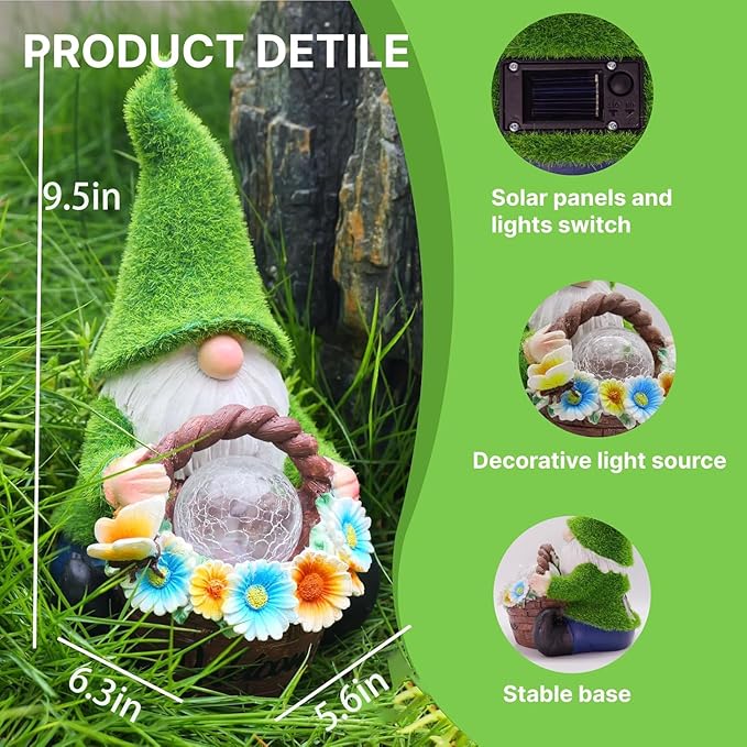 Garden Gnome Statues Decor with Solar Lights, Outdoor Decorations for Yard Porch Lawn Balcony Patio, Housewarming Gifts