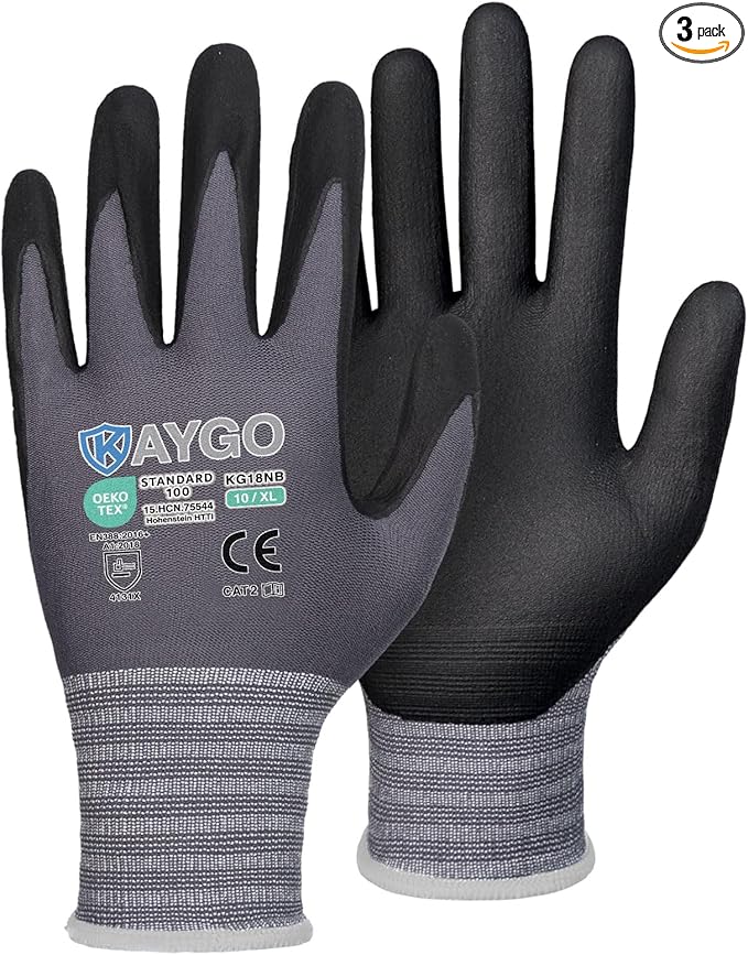 KAYGO Safety Work Gloves MicroFoam Nitrile Coated, 3 Pairs KG18NB,Seamless Knit Nylon Glove for Men and Women, Ideal for Automotive,Warehouse,Construction (X-Large,Gray)