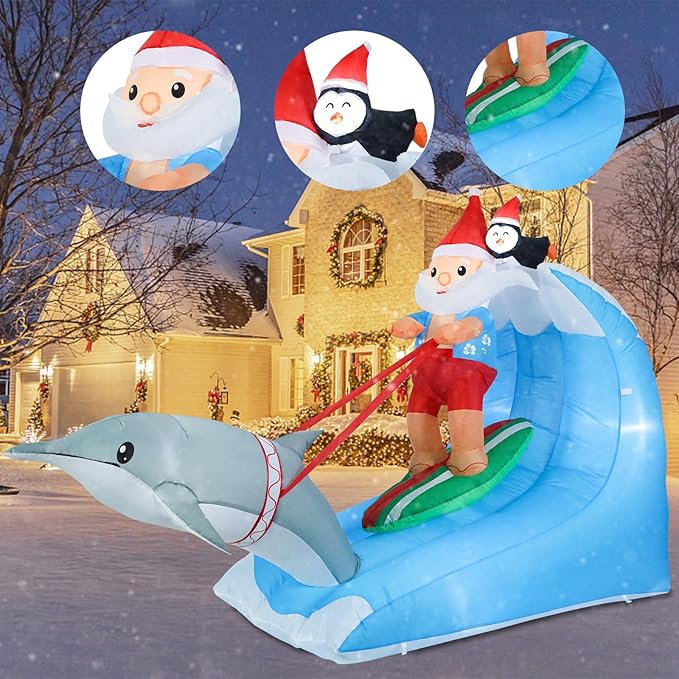 Vipush 7.5 FT Christmas Inflatable Decorations Santa Claus Surfing Christmas Decorations Outdoor Inflatable with LED Light, Outdoor Holiday Decor Blow Up Yard Decor