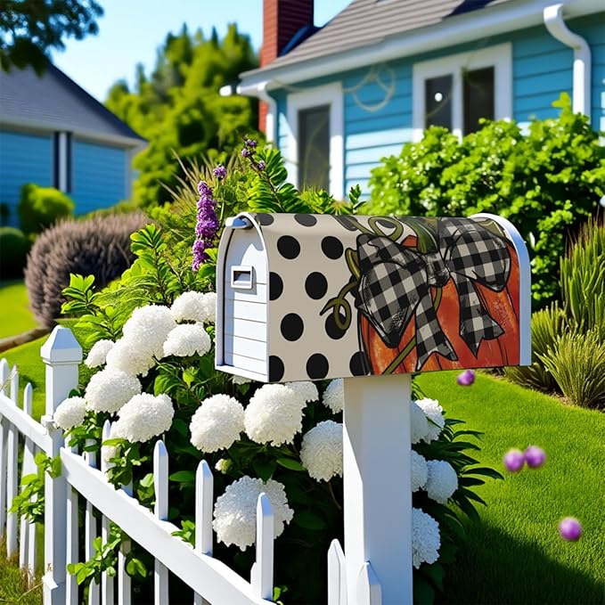 Fall Mailbox Covers Magnetic Standard Size Pumpkin Autumn Polka Dot Plaid Thanksgiving Mailbox Wraps Holiday Seasonal Outdoor Decorative Letter Box Cases for Home Garden Outside Decor, 21x18 Inch