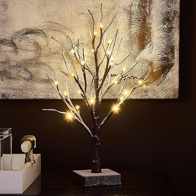 Fudios Lighted Snow Dusted Christmas Tree with Timer Battery Operated 18in Home Decor, Pre lit Artificial Tabletop Snowy Trees with 24 LED for Winter Party