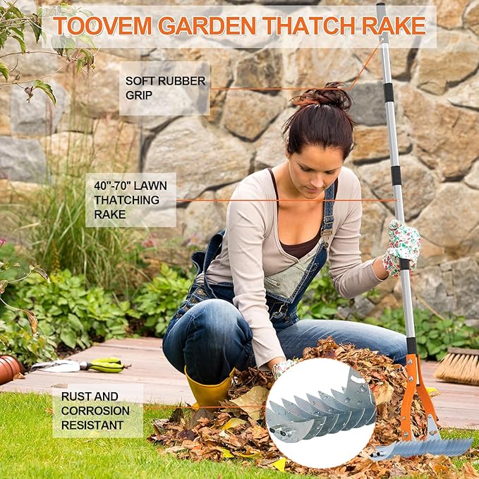 TOOVEM Thatch Rake, 15-inch Lawn Thatching Rake with Heavy Duty Steel Tines & Ergonomic Handle, 70'' Professional Dethatching Rakes for Cleaning Dead Grass, Yard Garden Durable Soil Rakes