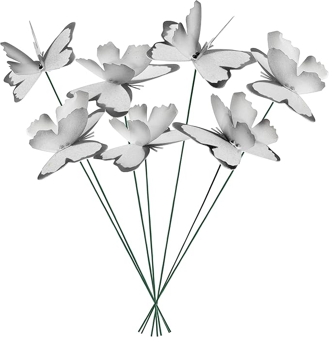 Handmade White Butterfly Garden Stakes Set of 7 - Decorative Outdoor & Indoor Plant Decor - Nature Lover Gift Idea by Air Aquarium Kushner
