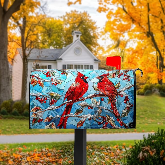 Cardinal Bird Magnet Mailbox Covers Winter Mailbox Cover Magnetic Standard Size 21x18 inch Holly Berry Postbox Covers for Outdoor Garden Decor