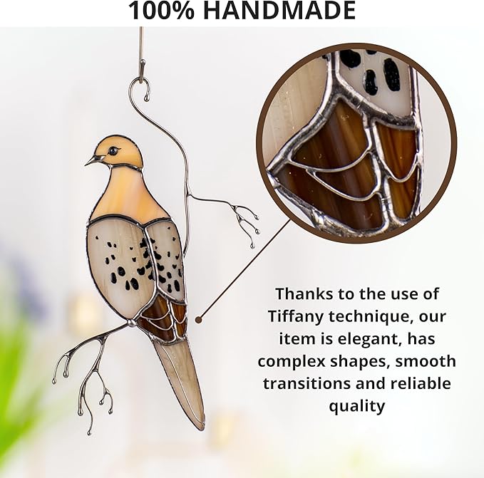 Stained Glass Morning Dove Suncatcher – Peaceful Glass Bird Window Hanging – Handmade Dove Sun Catcher for Indoor Window Decor or Garden Gift (Mourning Dove)