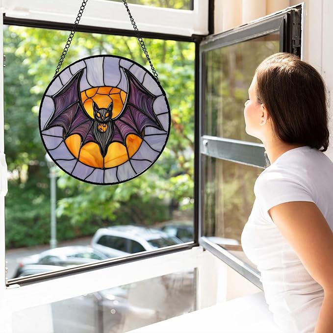 Stained Glass Window Hanging Halloween Black Purple Bat Monster Moon 6.3" - Suncatcher Door Garden Sun Catcher Gothic Decor Birthday Horror Funny Gift for Mom Woman Nana Friend Men