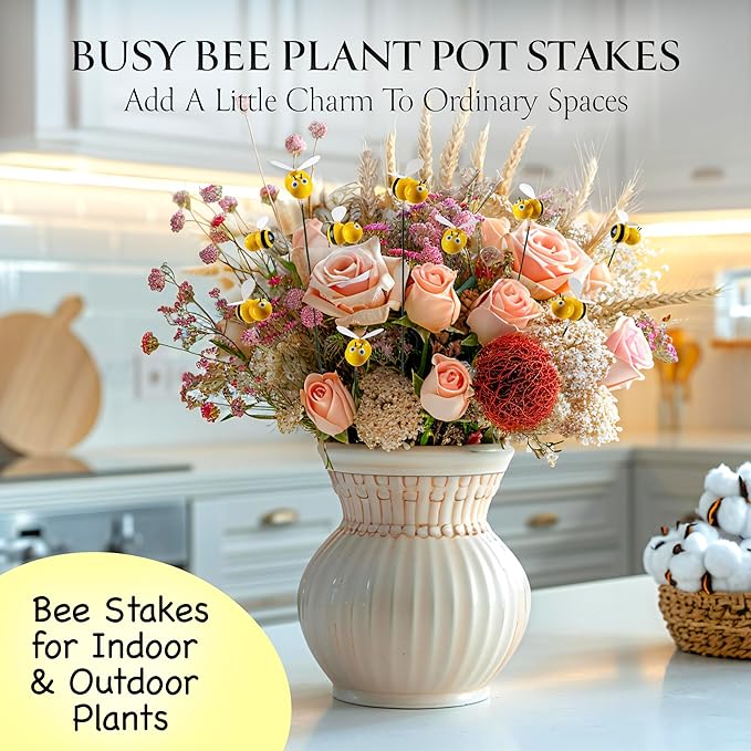 Handmade Bee Garden Stakes Set of 5 - Decorative Bumblebee Outdoor & Indoor Plant Decor - Nature Lover Gift Idea by Air Aquarium Kushner