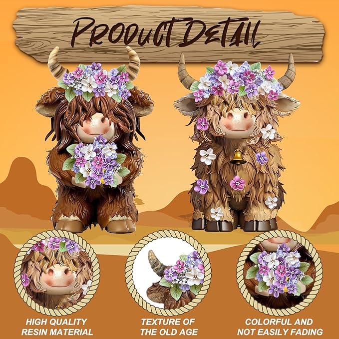 2 Pcs Highland Cow Figurines Lilacs Highland Cow Gnomes Lilacs Decor Resin Statue Calf Lovers Gifts for Farmhouse Home Garden Kitchen Office Tiered Tray Table Decor