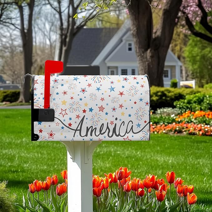 Fourth of July Firework Mailbox Covers Magnetic Patriotic Mail Box Cover Colorful Star Post Letter Box Cover Wrap Home Decor Outdoor Yard Decoration for Garden Standard Size 21x18 in