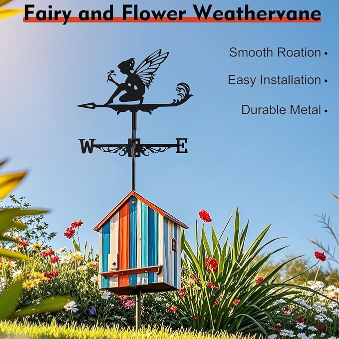 Fairy and Flower Weather Vane, Black Metal Weathervane Roof Mount, Wind Direction Indicators Wind Measuring Tool Outdoor, Wind Vane Ornament Decoration for Shed Garden Yard Farmhouse Patio Decor