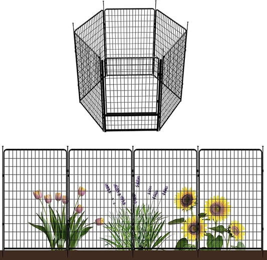 Decorative Garden Fence with Gate 50 in(H) x 15.4 ft(L) 6 Panels, Heavy Duty Metal Animal Barrier Fence for Yard, Flower Bed Fencing, Garden Border Fence, Easy Set Up, Black