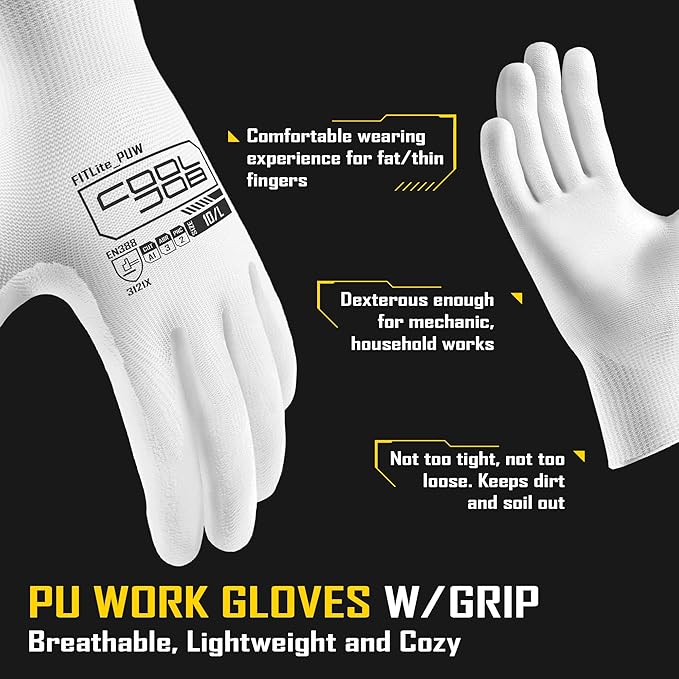 COOLJOB 60 Pairs Safety Work Gloves Pack Bulk with Grip PU Coating, 13 Gauge Seamless Knit Gloves with Polyurethane Dipped for Warehouse Working, Breathable Lightweight for Men Women, White Small