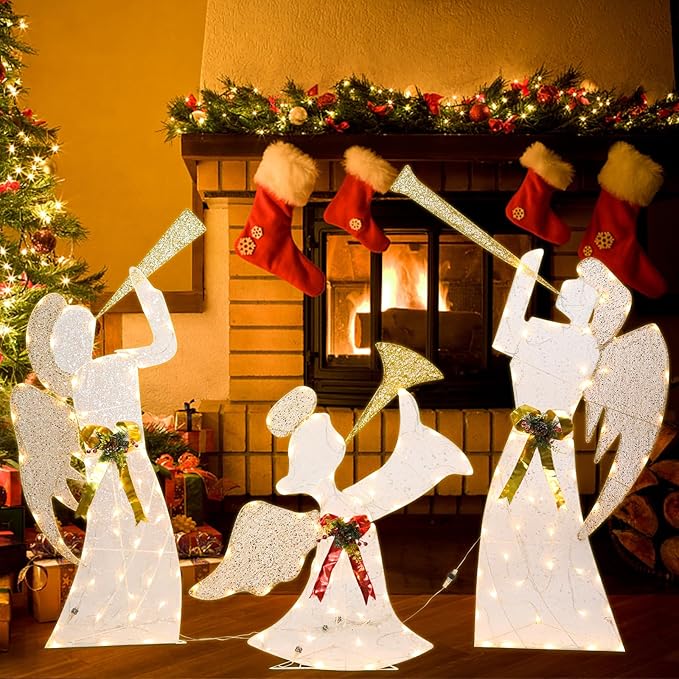 Outdoor Christmas Angel Decoration Christmas Lighted 3 Angels Playing Trumpet with Holly Berries Decoration for Xmas Home Pathway Lawn Party Display