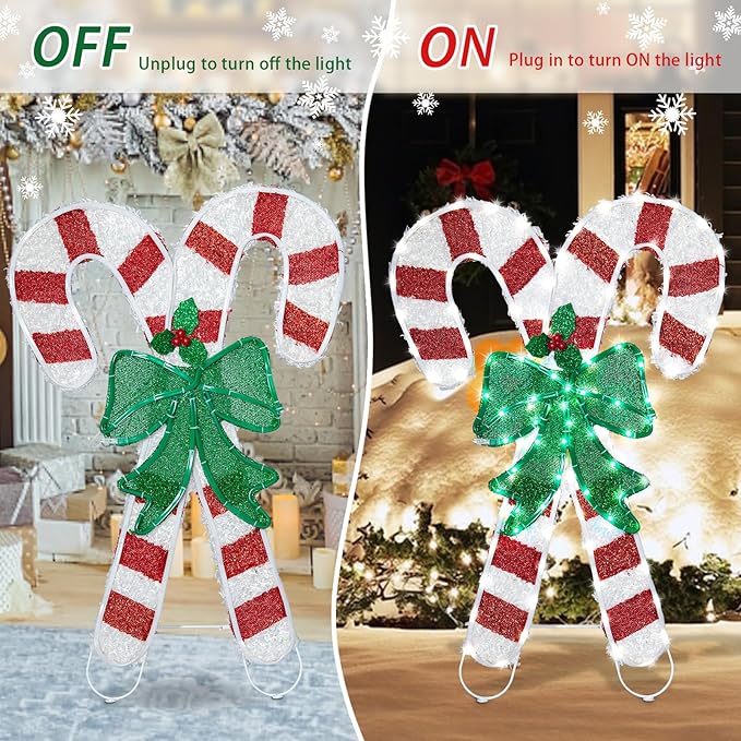 Christmas Candy Cane Lighted Decoration Christmas Lighted Crossed Candy Canes with Holly Berries Pre-Lit Decoration for Xmas Home Pathway Lawn Party Display
