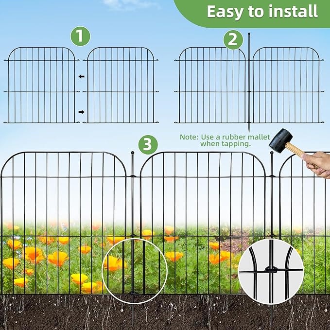 10 Panels No Dig Decorative Garden Fence, 24 in(H) x 20 ft(L) Rustproof Metal Wire Fencing Border, Dog Fence Outdoor for Yard, Temporary Tall Animal Barrier for Rabbits and Small Pets