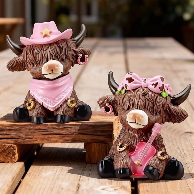 Wesiti 2 Pcs Cowgirl Highland Cow Figurines, Western Farmhouse Resin Cow Statues with Pink Cowboy Hat, Guitar and Bow, Christmas Cute Calf Lovers Gifts Ornaments for Home Shelf Holiday Decor