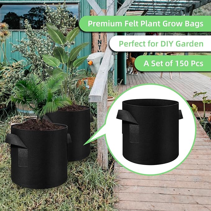 150 Pack 7 Gallon Grow Bags Garden Plant Grow Bag Aeration Fabric Pots with Handles Nonwoven Cloth Pots Planting Bags Garden Bags to Grow Vegetables Flowers Potatoes (7 Gal)