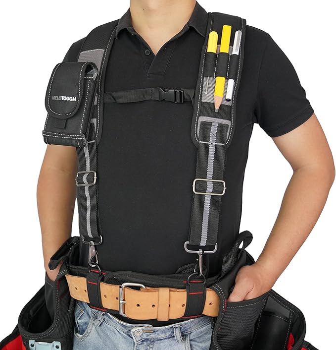MELOTOUGH Tool Belt Suspenders Construction Work Suspenders with detachable phone holder comfortable foam shoulder padder (Grey)