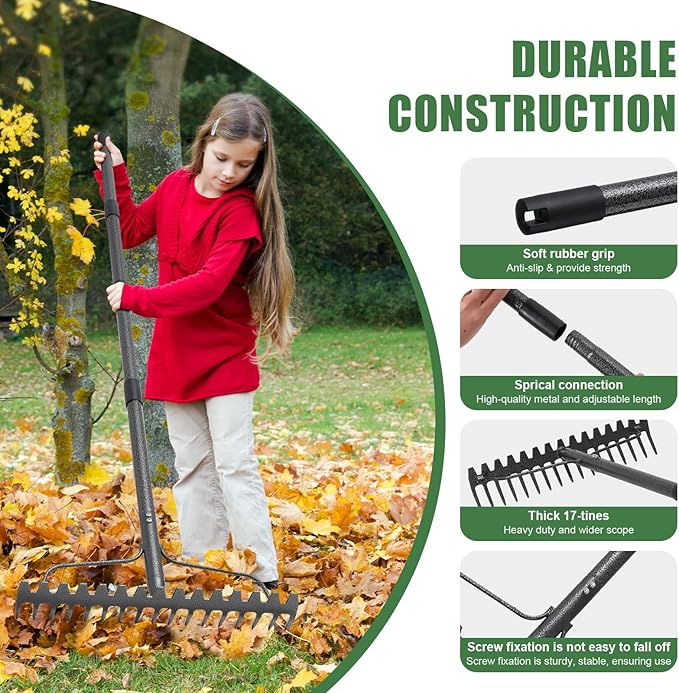 77'' Bow Rake ，17 Tines Metal Head Rakes with Stainless Steel Handle，Heavy Duty Garden Rakes for Loosening Soil Gathering Leaf Leveling Lawn Farming Land Management Yarn Thatch