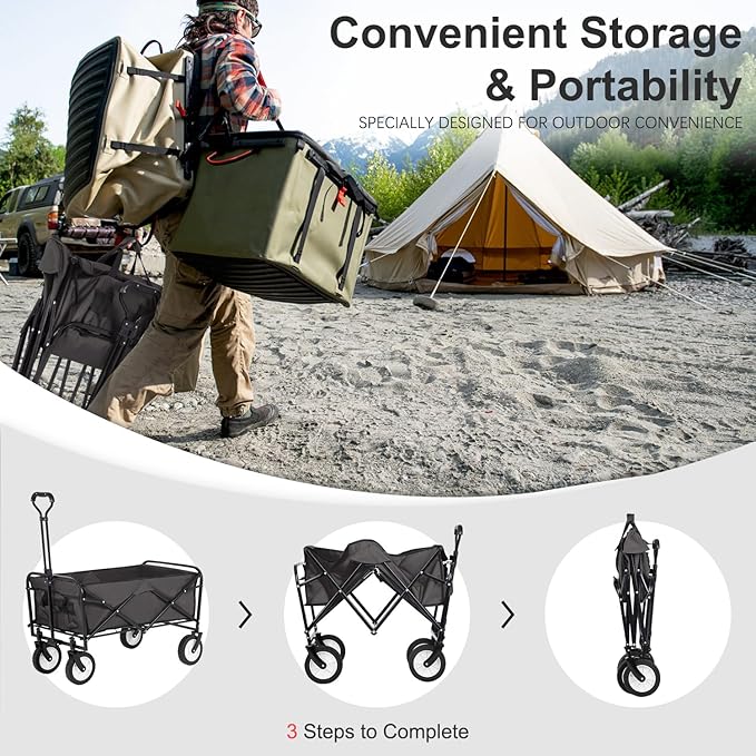 PayLessHere | Collapsible Wagon Cart with Wheels | Gray | Heavy Duty Foldable Utility Cart with 330 lb Capacity | with All-Terrain Wheels & Adjustable Handle for Outdoor, Garden, Beach, Shopping