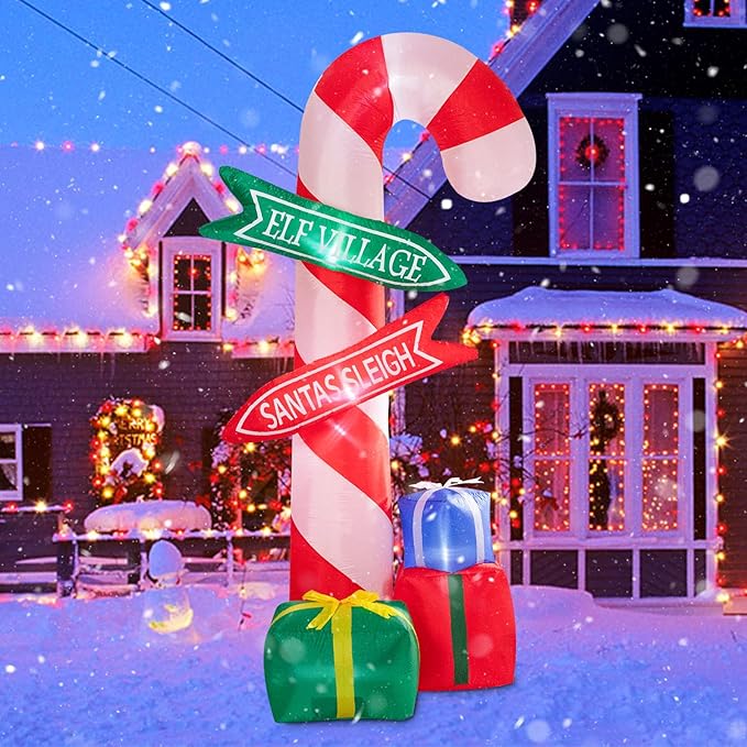 MUMTOP 9 Ft Tall Christmas Inflatables Outdoor Decorations, Inflatables Candy Cane with Road Sign Blow up Merry Christmas Bag Yard Decoration Built-in LED Lights for Outdoor Party Holiday Decor