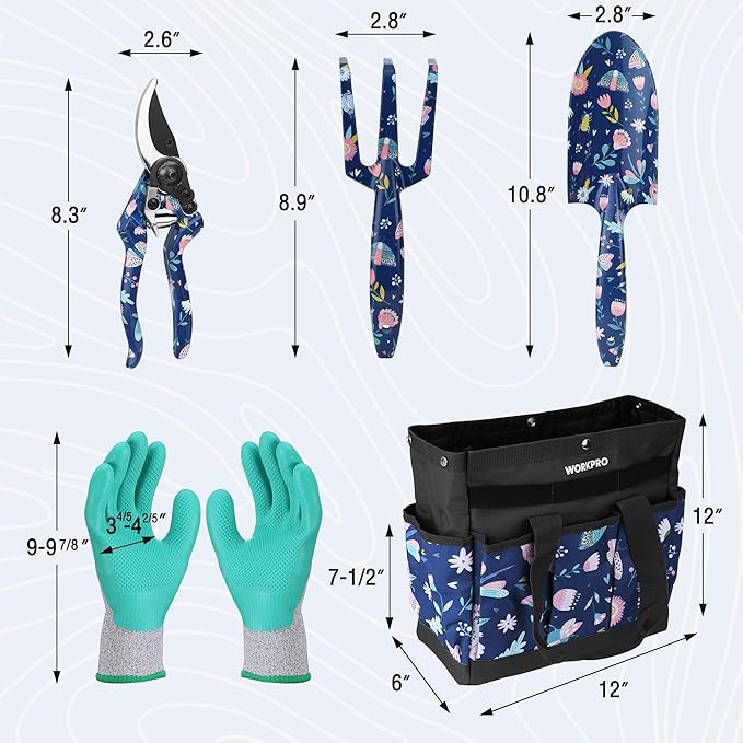 WORKPRO 5PCS Garden Tool Set, Aluminum Heavy Duty Gardening Tool Set with Garden Tool Bag, Outdoor Garden Hand Tools, Blue Insect and Flower