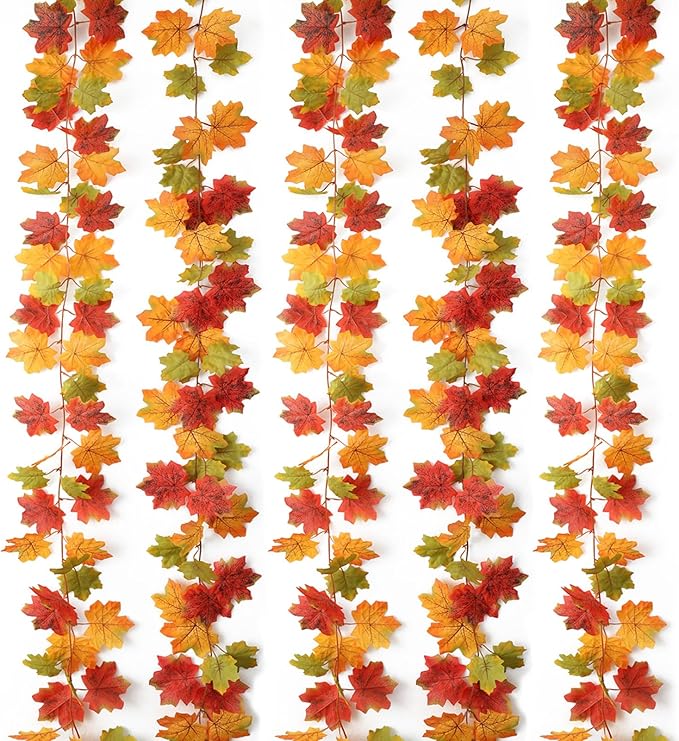 Mizii Fall Decor 5 Packs 390" Artificial Maples Vines Garland Fake Vine Fall Garland Silk Maple Leaves Faux Hanging Plants for Thanksgiving Porch Mantle Fireplace Farmhouse Harvest Decorations (Maple)