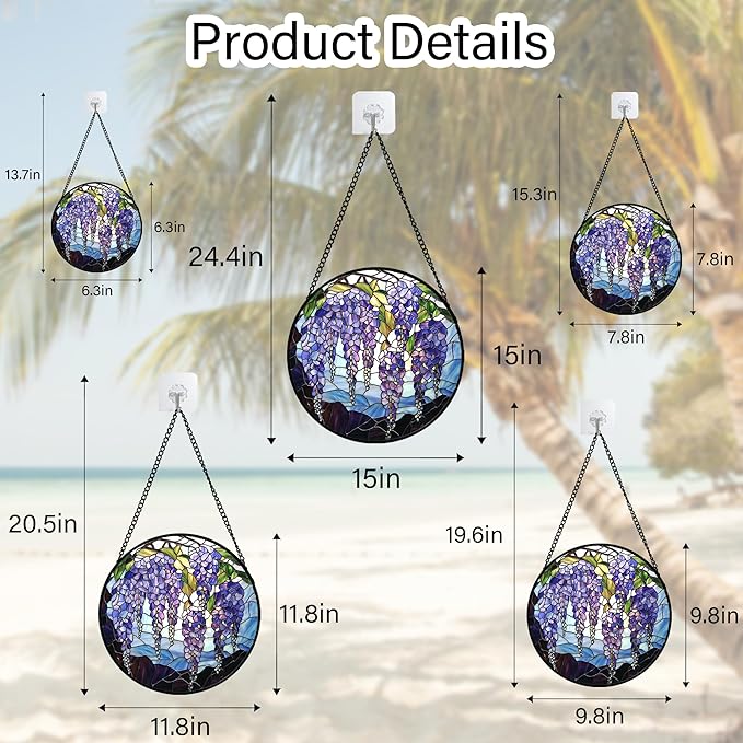 Stained Glass Window Hanging, Wisteria Flower Sun Catcher for Door Home Decor Purple and Blue Suncatcher Christmas Mother's Day Birthday Gifts for Women Men Mom and Nana 6.3 in
