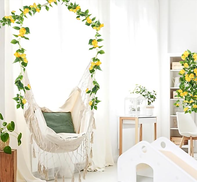 FERIAL Artificial Vines 15Feet Silk Flower Garland for Outdoors Yellow Morning Glory Vine Artificial Flowers Hanging Plants Garland Fake Green Plant 2Pcs for Wall Fence Indoor Wedding Banquet Decor
