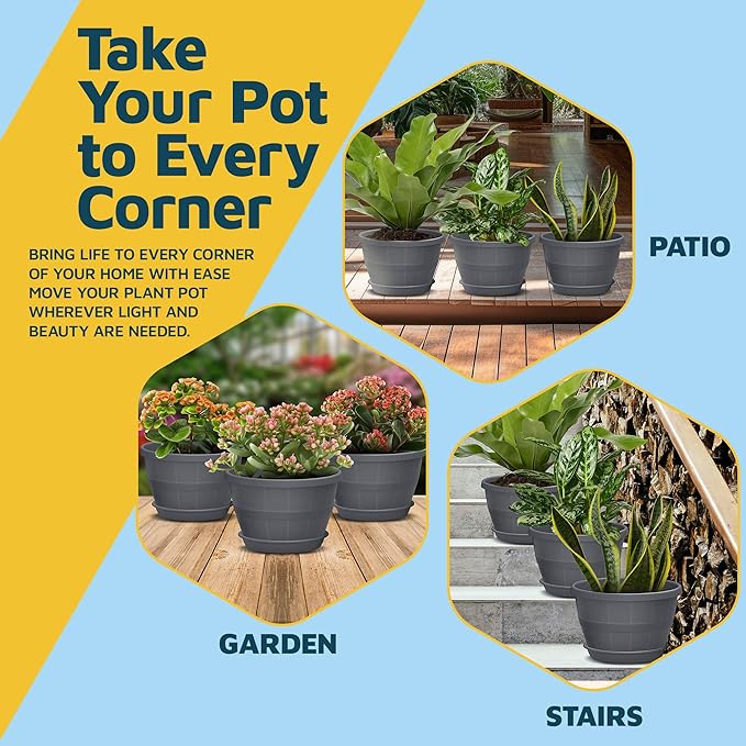 10-Inch Whiskey Barrel Planters Outdoor Pack of 10 - Durable Plastic Plant Pots for Indoor & Outdoor Use with Drainage & Saucer, Lightweight Rustic Barrel Planters for Flowers, Herbs & Small Plants
