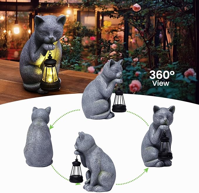 Solar Happy Cat Outdoor Statue Garden Decor,Birthday Gifts for Grandma Mom Women, Ornament for Balcony, Garden, Patio, Yard, Lawn Porch Patio Balcony Home House,(LED Lantern Cat)