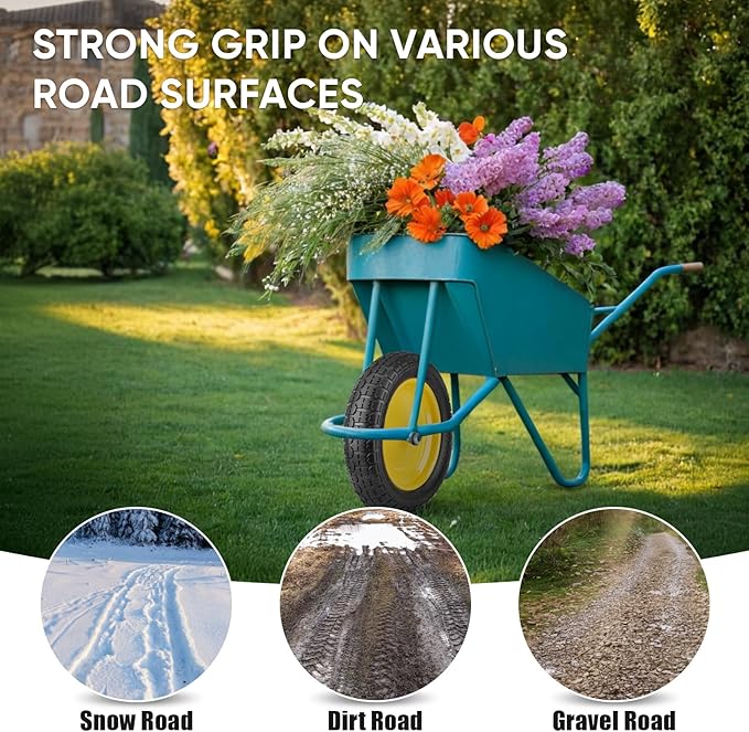 TICONN 4.80/4.00-8 Tire, 14.5" Flat Free Wheelbarrow Tire and Wheel, Solid Replacement Tires, 5/8" 3/4" Bearings, Universal Fit 4.80/4.00-8, 3.50/3.00-8, 4.00-6 (14.5" Yellow, 4PK)