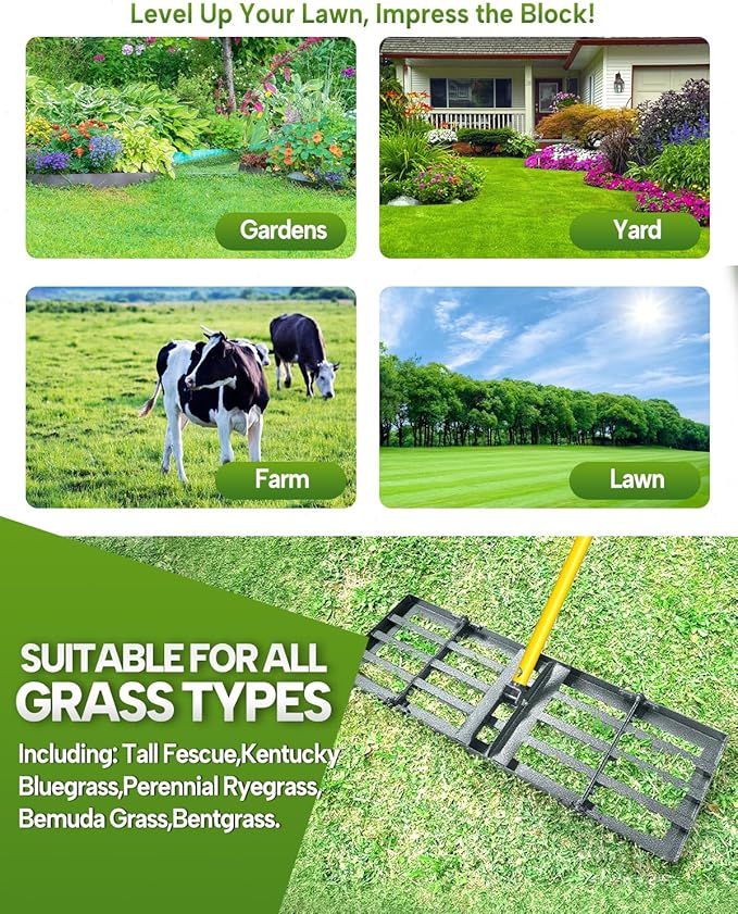 Joyhalo Lawn Leveling Rake, 36 Inch Yard Lawn Leveling for Soil with 78" Adjustable Steel Handle, Heavy Duty Effort Saving Landscape Lawn Leveler for Yard Garden Golf Course Soil Sand Dirt Grass