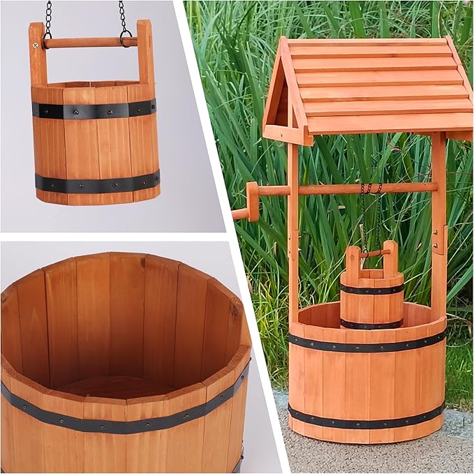 Wooden Wishing Well for Outside, Wishing Well Planter for Yard with Hanging Bucket, Rustic Flower Pot Home Decor for Garden, Backyard