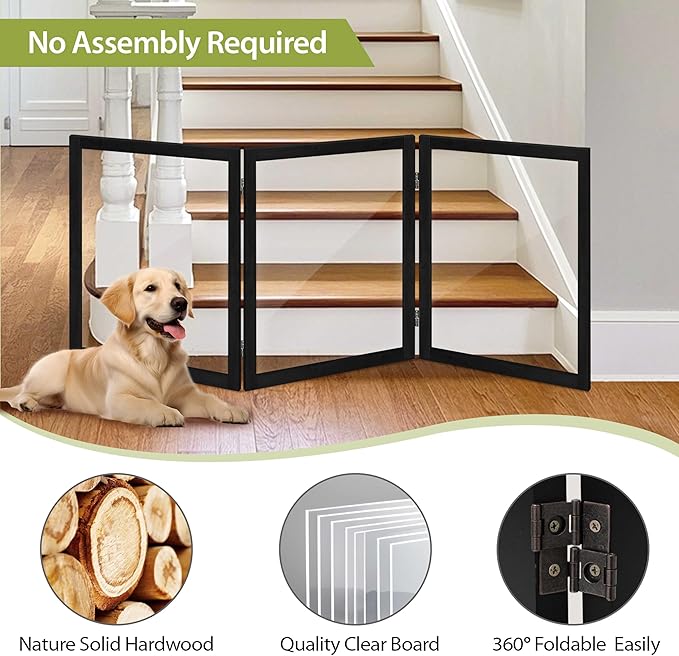 LZRS Clear Dog Gate for Indoor Use - Transparent Pet Fence with Solid Hardwood and Plastic Board, Stylish & Durable freestanding Pet Gate for Doorways, Stairs and Hallways-3 Panel Black